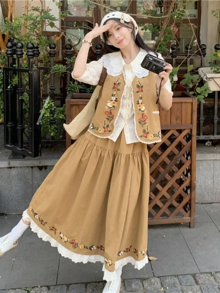 

Plus size Chubby Girl Women Summer New Mori look Sweet Sle Loose Slimming Vest Lace Stitching Skirt Two-piece Set ZT216