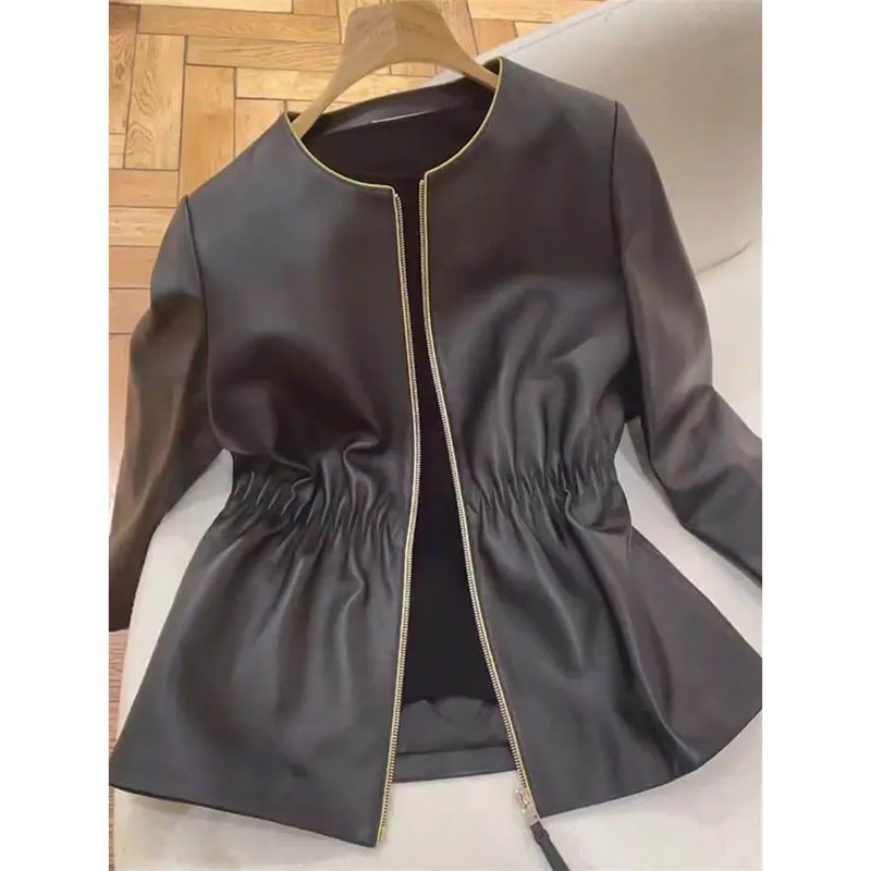 Veste en cuir noir rétro pour femme, col rond, décontracté, design de mode, fouet, manteau en cuir doux avec fermeture éclair, haut féminin, printemps, automne, 2024