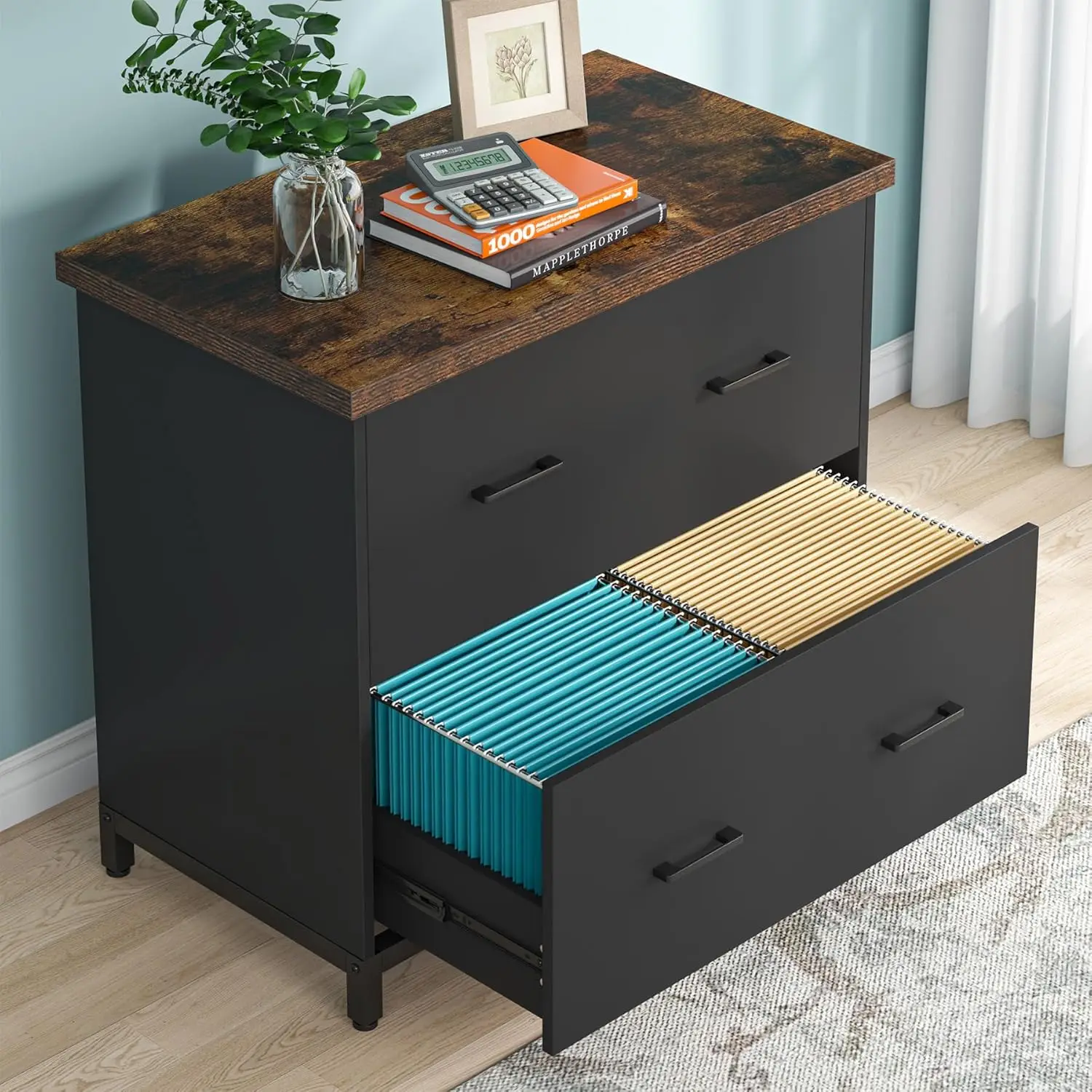 # 2-Drawer File Cabinet, Wood Lateral Filing Cabinet for Home Office, A4, Letter Size, Brown and Black