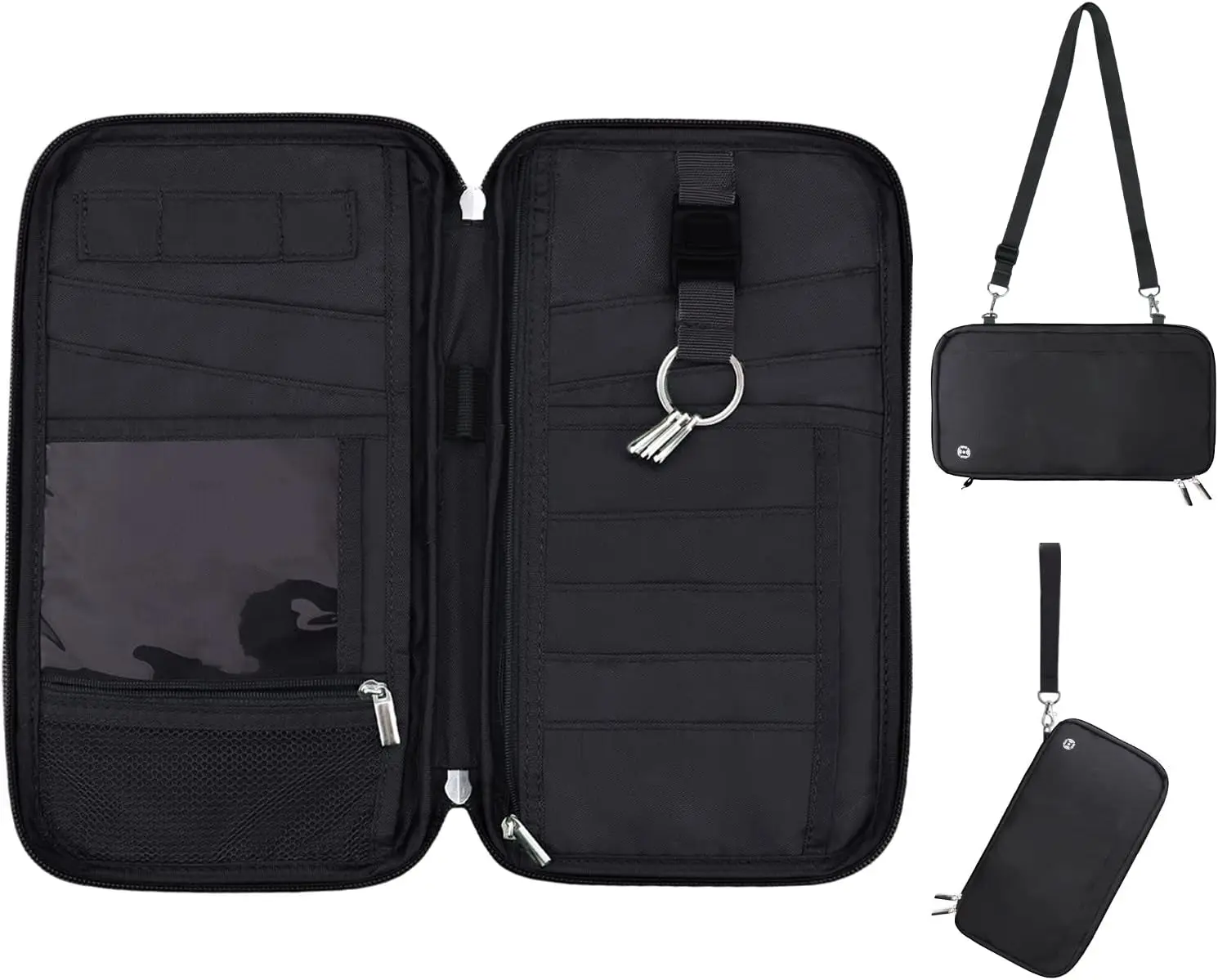 

RFID Passport Holder with Tracker Slot, Travel Document Organizer Pouch with Wristlet and Cross Body Straps for Women and Men