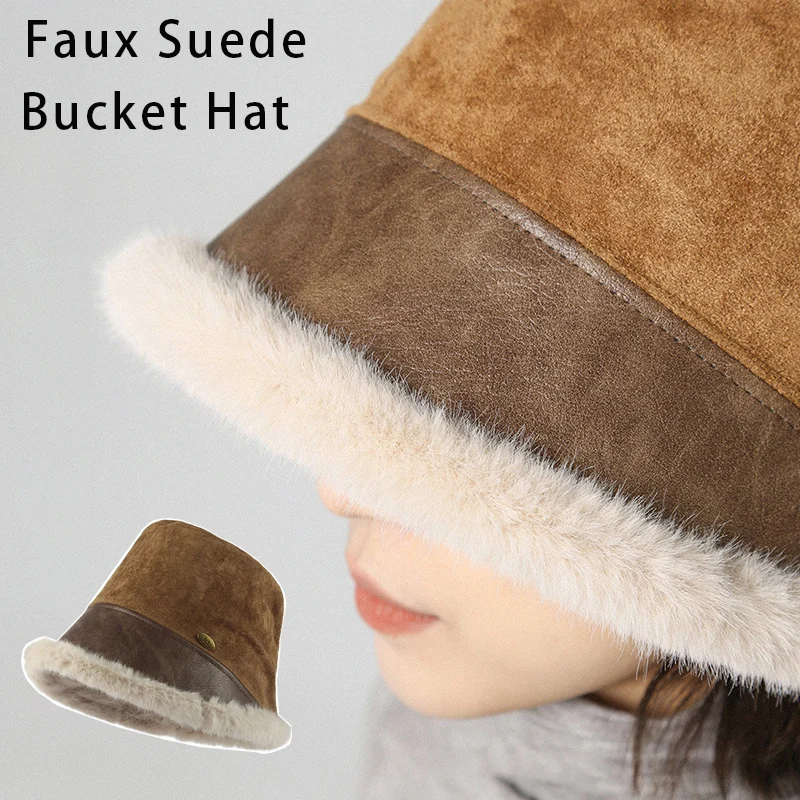 

Новая ретро-шляпа-панама из искусственной замши для женщин, элегантная винтажная шляпа-бакет, приукрашающая фигуру, с плюшевой подкладкой, зимняя шапка