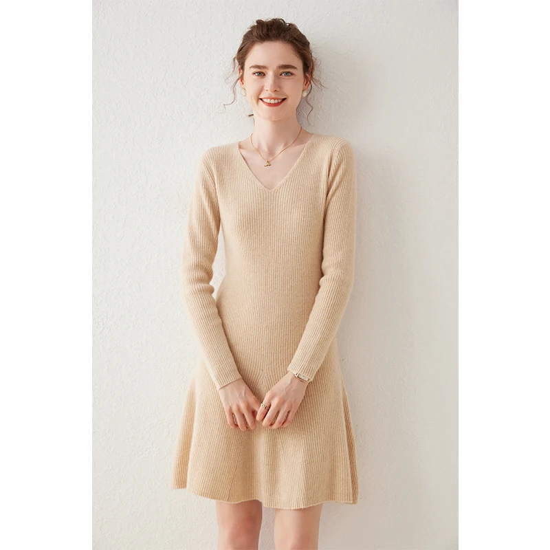 Autumn Winter Women Dress Short Dress Cashmere Knit Jumpers 2024 New Fashion Soft V-Neck Long Sleeve Female Above Knee Pullover