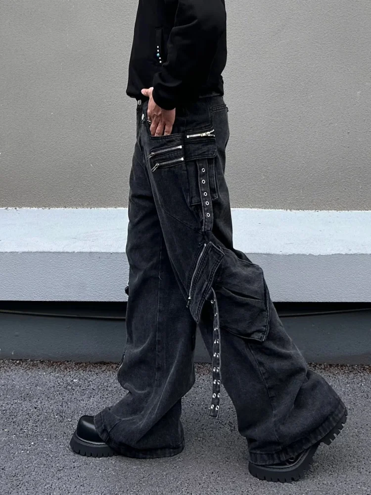 2025 Ropa Y2K الجرونج غسلها الأسود سستة تصميم فضفاض البضائع الجينز السراويل للرجال ملابس الشارع الشهير السراويل الطويلة Pantalon Hombre