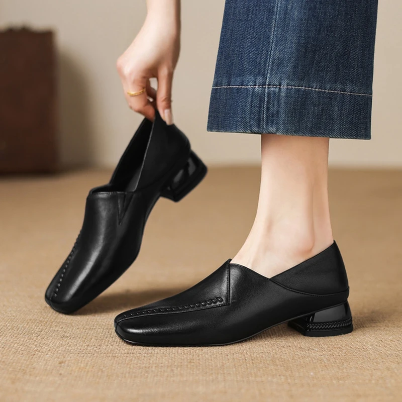 NEW Spring/Autumn Women Loafers Genuine Leather Shoes for Women Square Toe Chunky Heel Shoes Concise Slip-on Sewing Daily Shoes