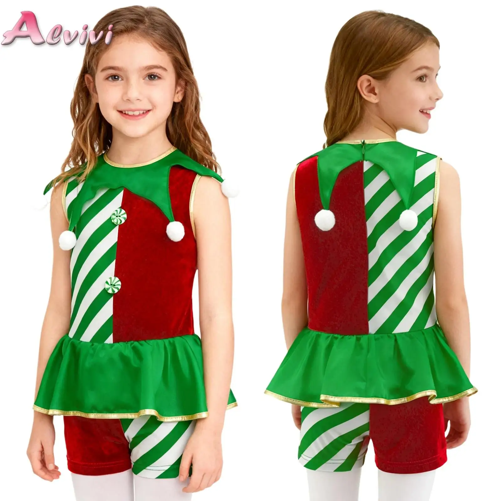 

Kids Boys Girls Christmas Elf Costumes Patchwork Sleeveless Pompoms Stripe Overlay Cosplay Jumpsuit Santa Claus Unitard Dresses