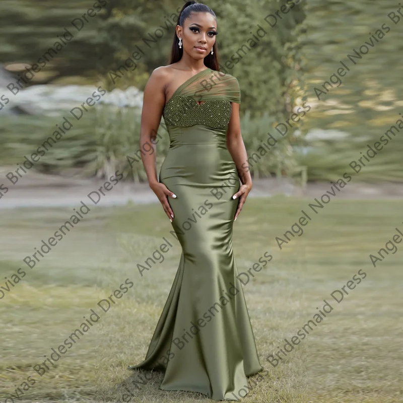 

One Shoulder Long Sage Green Mermaid Bridesmaid Dresses Pearls Customized Wedding Party Dresses Vestidos De Boda Para Fiestas