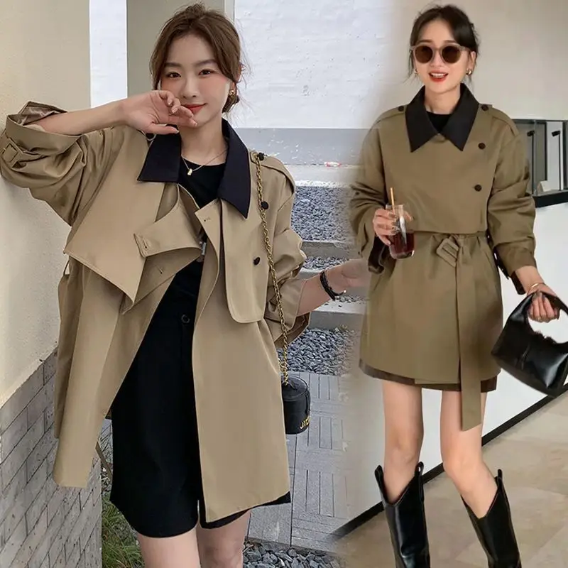 

Женский модный тренч цвета хаки с поясом, средней длины, с контрастным воротником, идеально подходит для повседневного стиля и многослойных образов