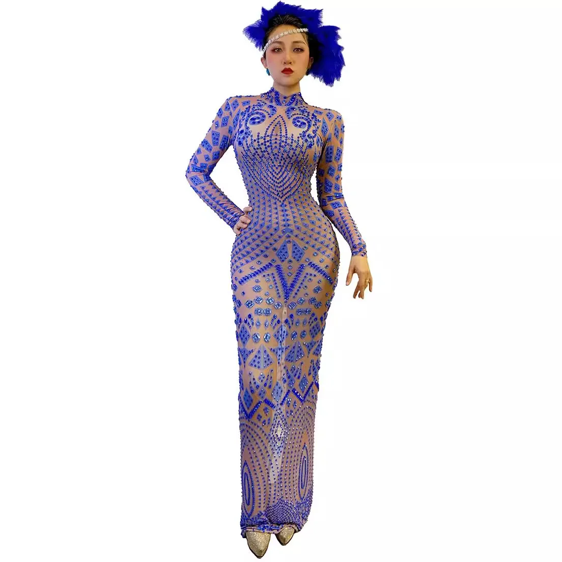 Elegant เซ็กซี่สีฟ้าเพชรที่สวยงาม Vintage สุภาพสตรีแฟชั่นสุภาพสตรี Gala ชุด Abiti Da Festa Designer ชุดราตรีสุดหรู