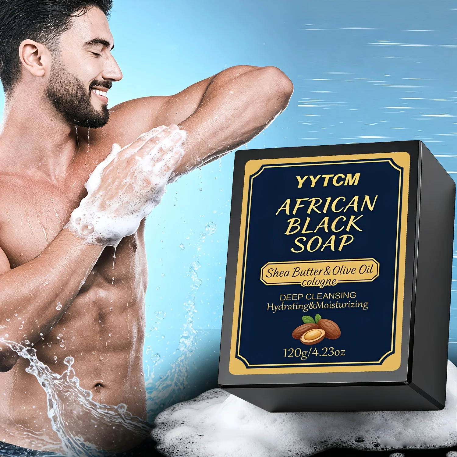 African Black Soap, Bamboo Charcoal Soap, Cologne Scent, Bath and Hand Soap, Contains Shea Butter, Olive Oil, Rich Foam 120G/Piece-1 Piece