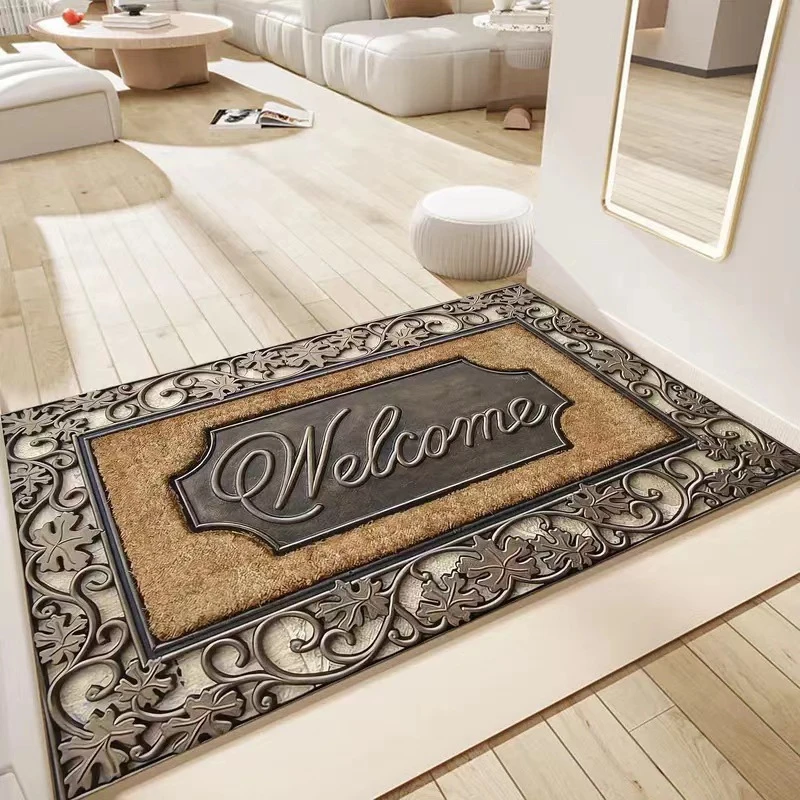 VIKAMA Welcome Doormat Vintage Carved Floral Tile Pattern Anti‑Slip Rubber Mat for Front Door Porch Entryway Home Decor