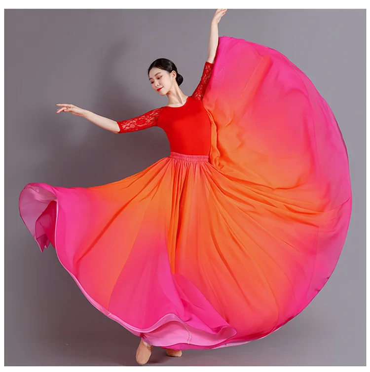 Women's 360-720 Degrees Big-hem Dance Skirts Gradient Color Chiffon Maxi Skirts Elastic-waist Elegant Square Dance A-line Skirts