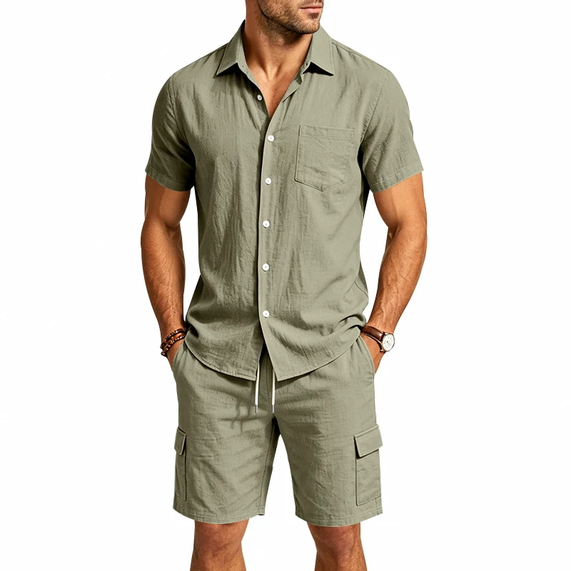 Men Summer American Linen Two Piece Set Short Sleeve Shirt Drawstring Cargo Shorts Loose Casual Outdoor Commute Vacation Outfit - view 3