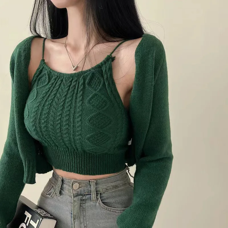 

Japanese neck twist knitted cardigan suspender two-piece set stacked to wear autumn feeling wear top women's chic sweater