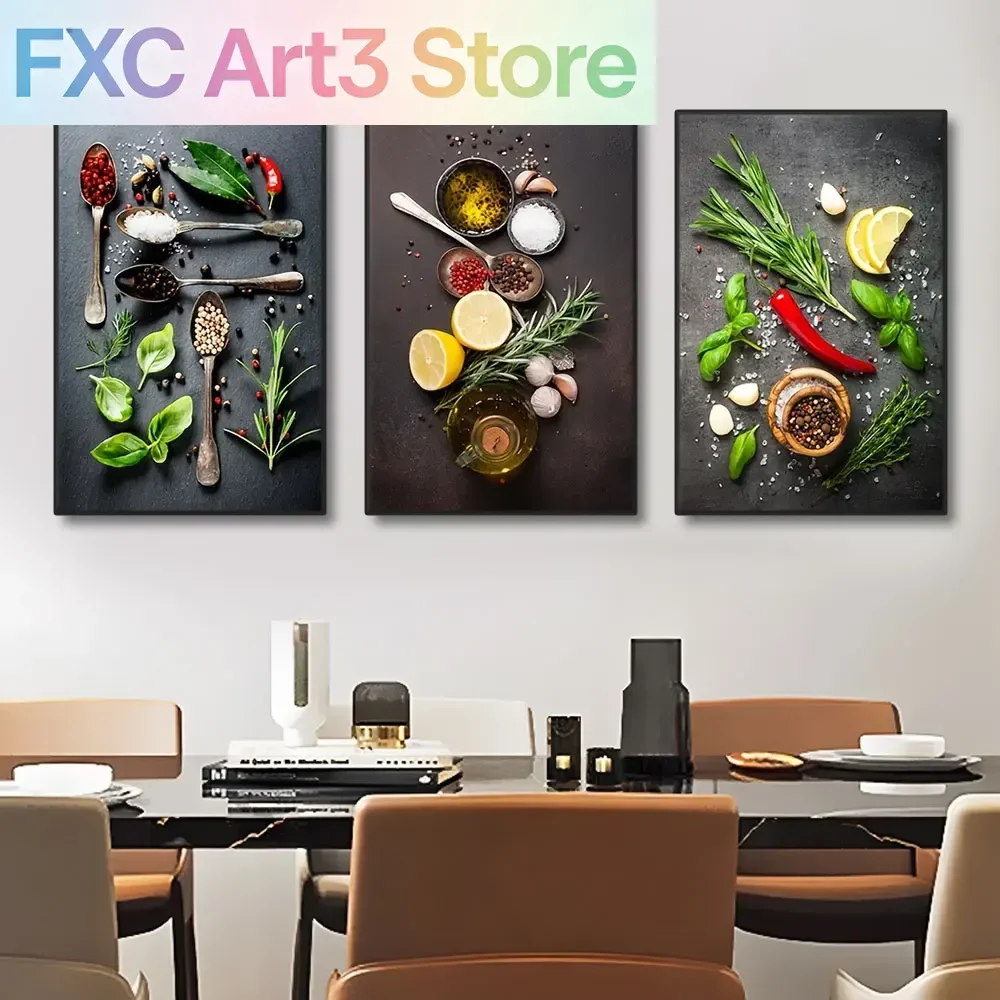 Rahmenlos, 3-teilig, Küchenthema, gemischte Kräuter und Gewürze, Leinwand-Kunstposter, impressionistische Kunst, Dekorationsgemälde für Esszimmer, Wandkunst, De