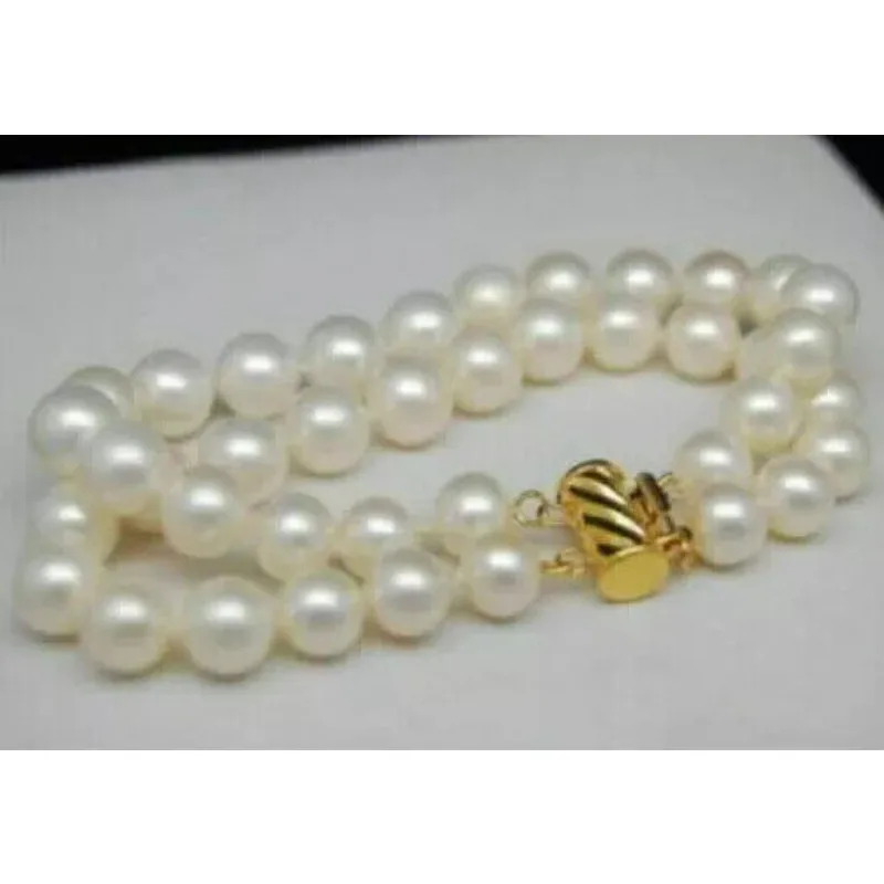 2 ROW AAAA 9-10mm Natural South Sea White Women's Pearl Bracelet 7.5-8 14K Gold Buckle -