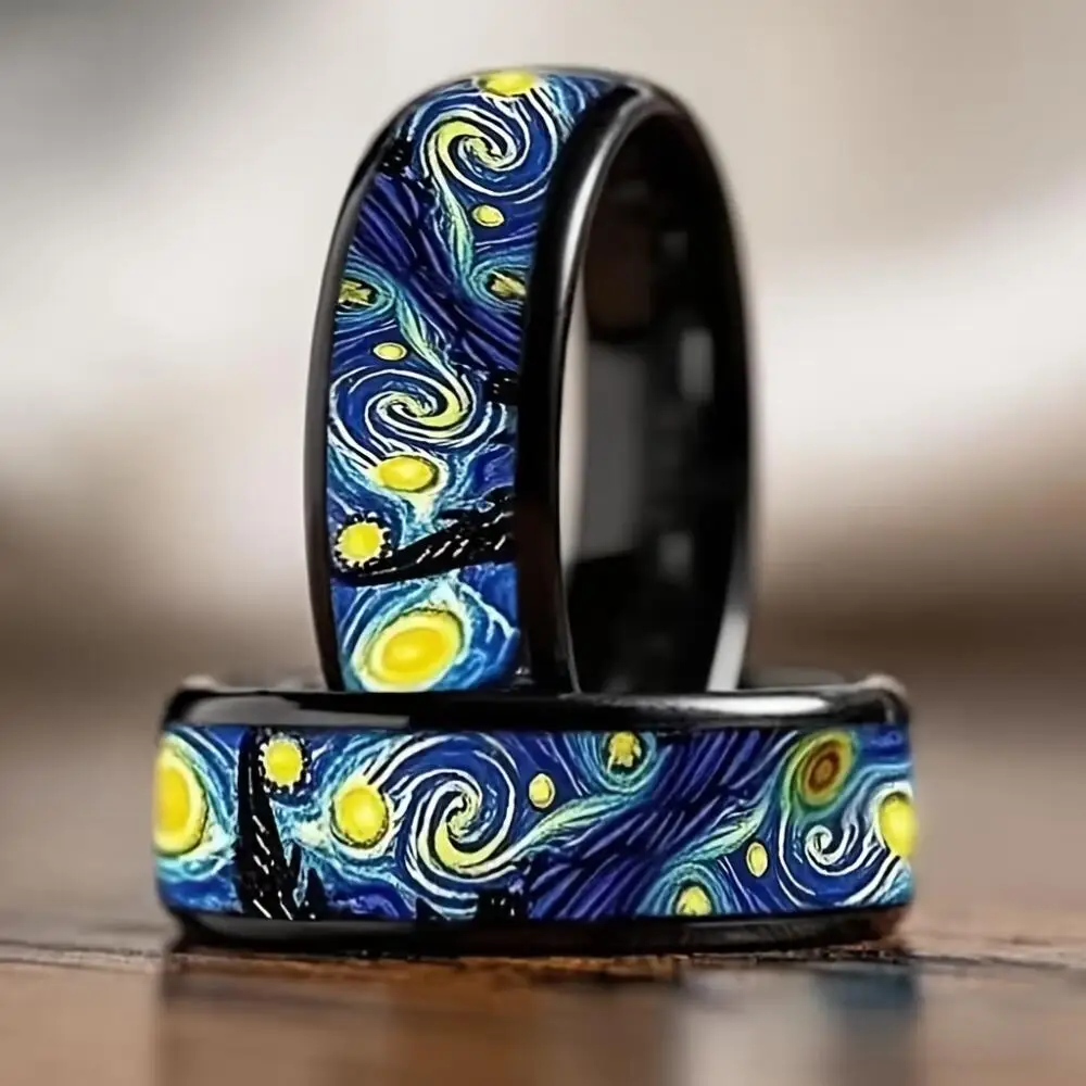 Image of Großhandel Vintage „Die Sternennacht“ Muster Ring Mode Ölgemälde Edelstahlringe für Männer Frauen Hochzeitsband Schmuck