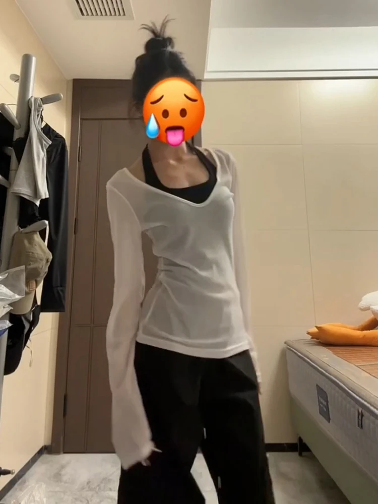 Blanc V-Ne Long Sve haut tricoté coupe ample conception mince décontracté Sle début d'automne nouveauté femmes T-shirt Polyester Co...