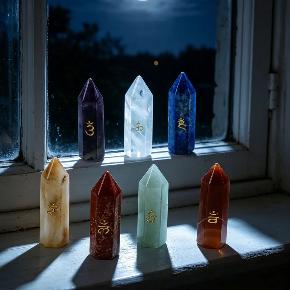 7 Chakras Crystal Wand Natural Stone Yoga Engraved Sanskrit Symbol Healing Point Tower for Fengshui Spiritual Balancing  X446