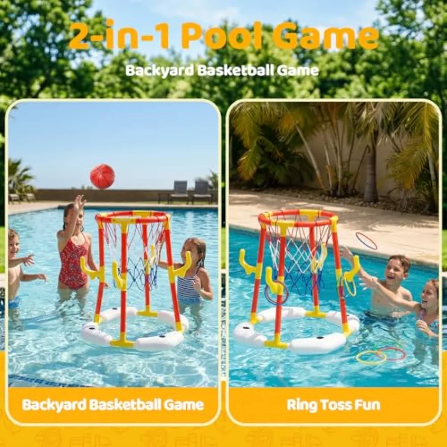 Pool Basketball Hoop 2-in-1 for backyard pool party: durable plastic blue/white floats effortlessly includes 4 balls 12 rings p