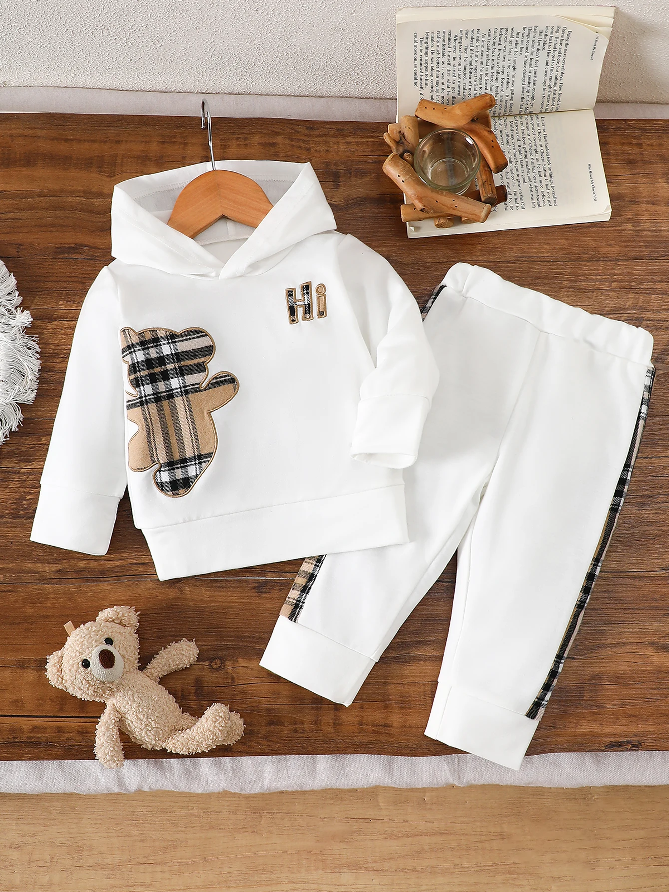 IURNXB 2 قطعة مجموعة ملابس الطفل الرضع الكرتون الدب منقوشة المرقعة هوديي علوي + Sweatpants وتتسابق ملابس الأطفال غير رسمية 1-3Y #1