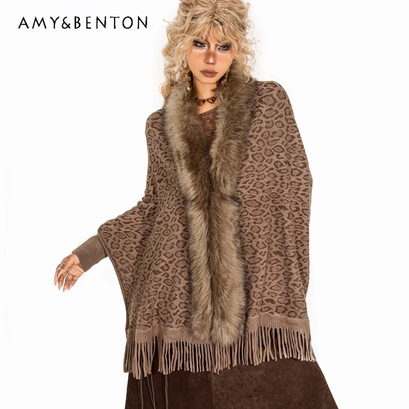 

Vintage Design Sexy Leopard Print Knitted Women's Cardigan Coat Autumn Winter Tassel Fur Collar Batwing Sleeve Cape Shawl Ladies