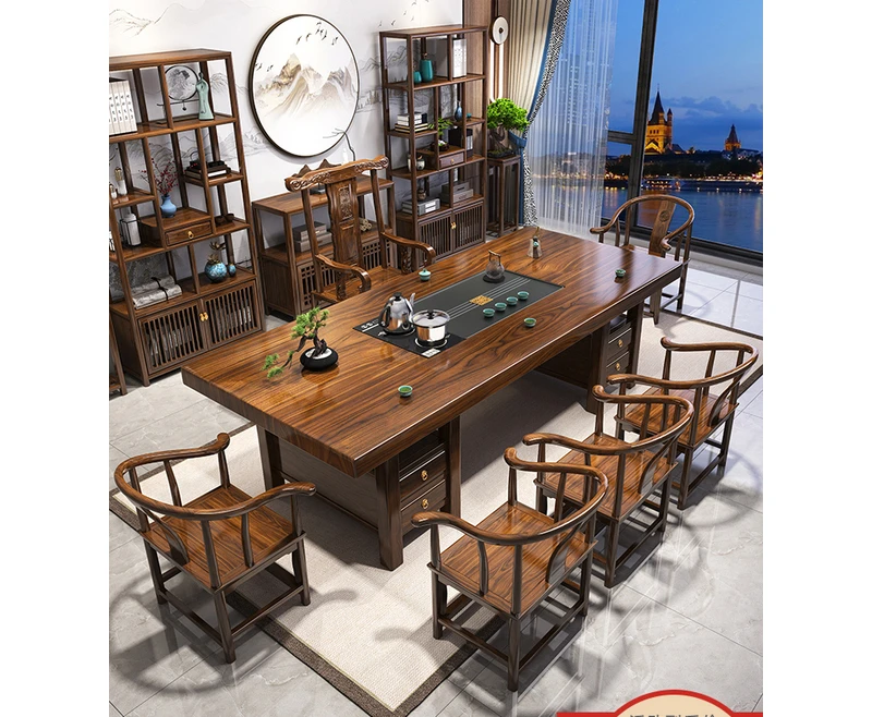 Modern Furniture Solid Wood Tea Table Chair Balcony New Chinese Combination Black Gold Tea Table Office Black Walnut image 2