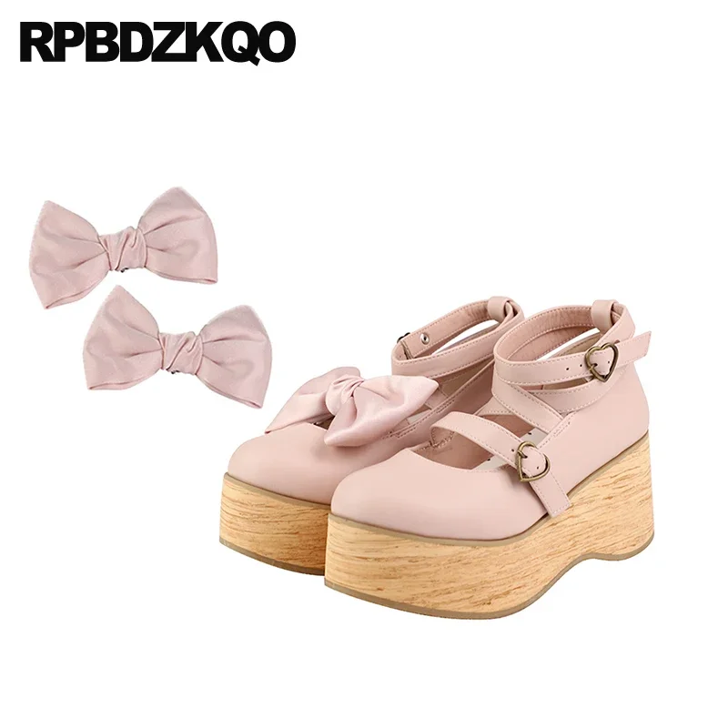 Lolita Wooden Strappy Platform Wedge High Heels Shoes Ankle Strap Big Size Women Heart Buckle Mary Janes Cross Girls Bow Pumps