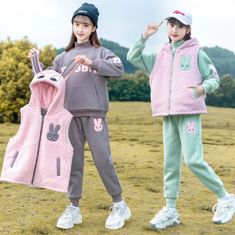 Winter Children Girl Clothing Set School Girl Thicken High Collar Sweatshirt+Hooded Plus Velvet Vest+Sport Pants Set For Girls