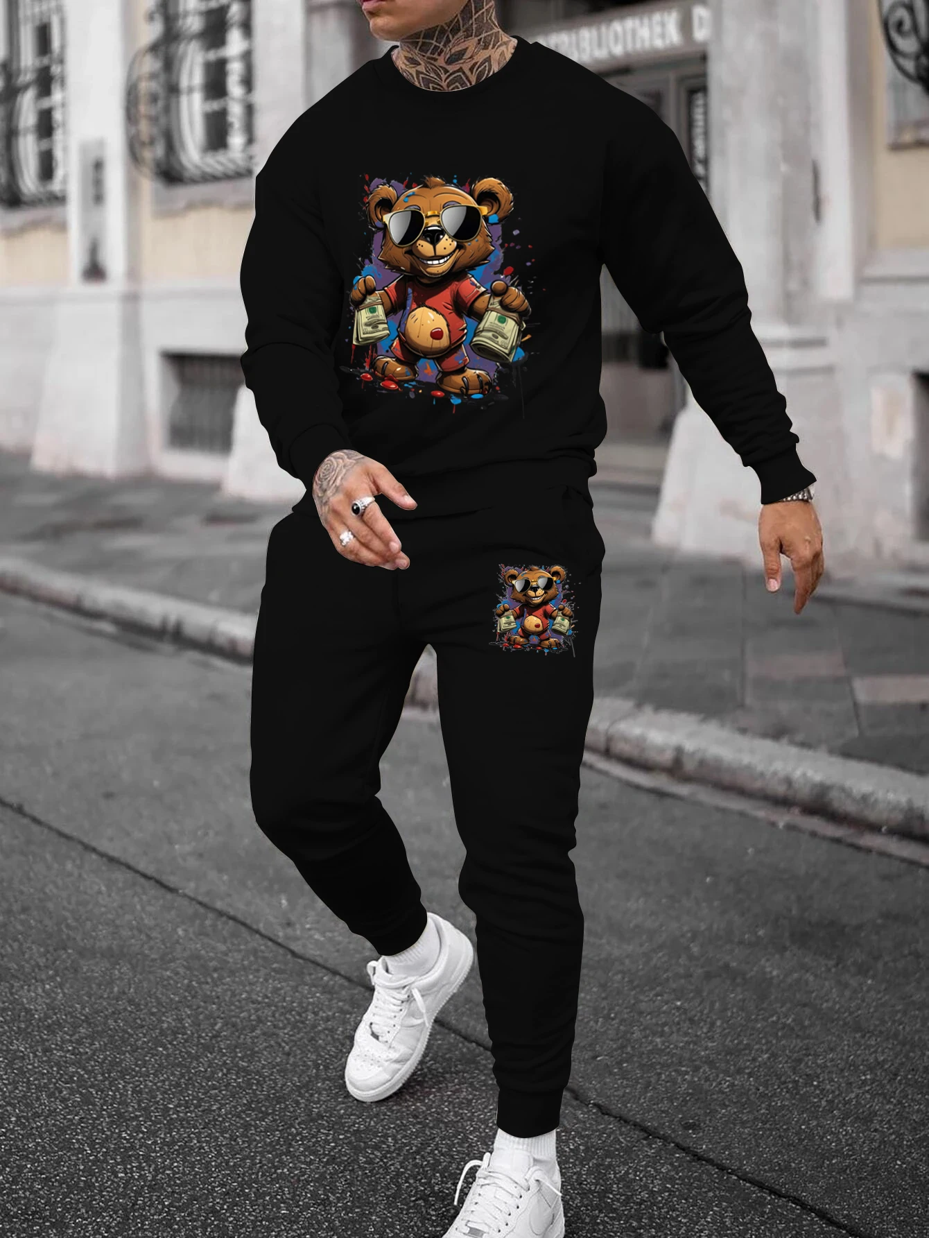 Men\'s Autumn and Winter Set With Sunglasses Bear Print Long-sleeved Pants Two-pieces Suit Comfortable Round Neck Sportwear