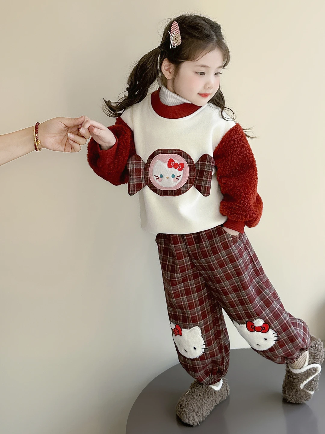 

Симпатичный комплект из двух предметов для девочек на осень-зиму, длинный топ и штаны на подкладке Fce, модный и теплый комплект для детей в клетку ярких цветов