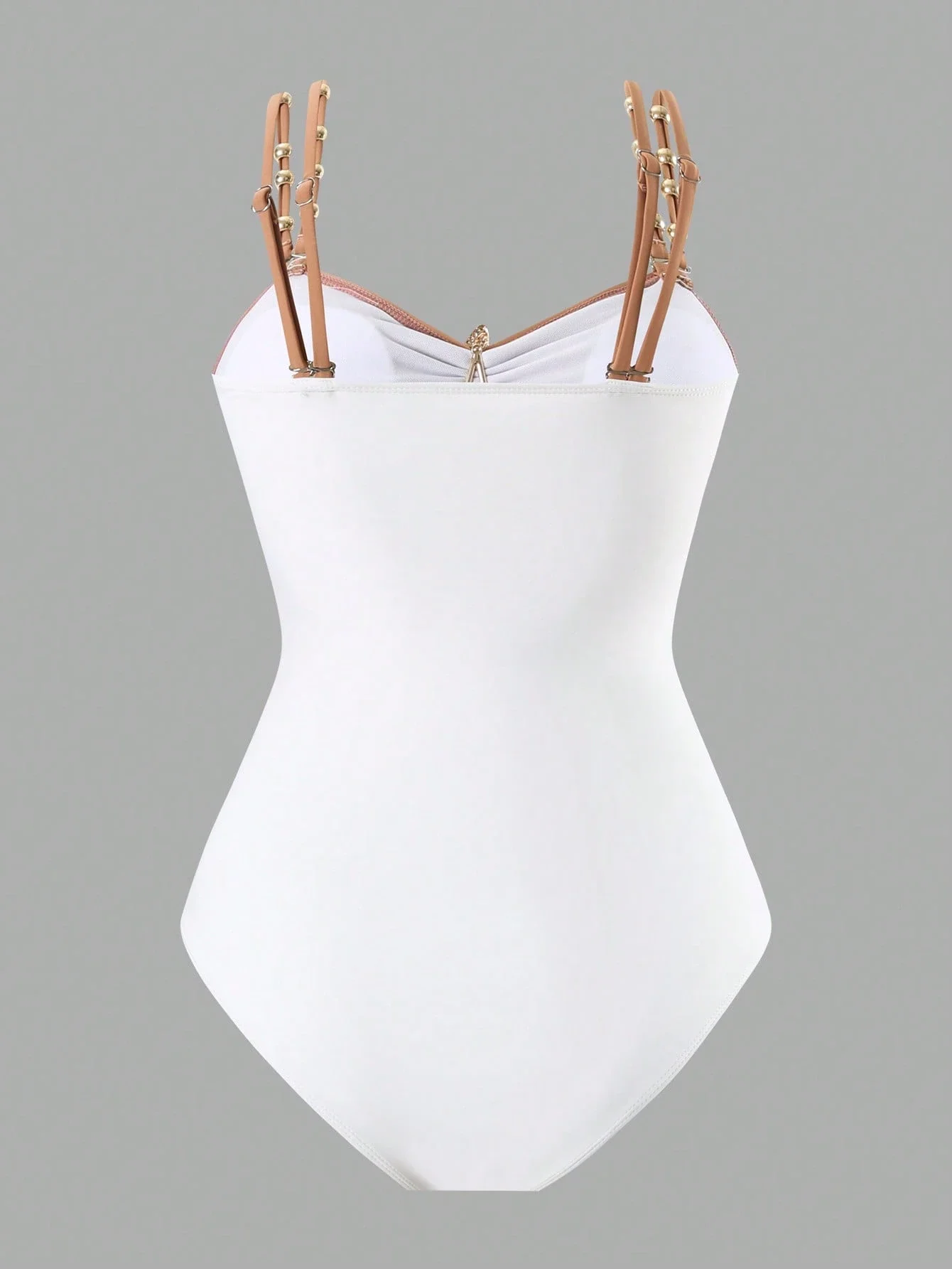 

Minimalist White One-Piece Swimsuit With Metallic Beaded Straps, Plus Size Beachwear For Summer Vacation And Daily Use