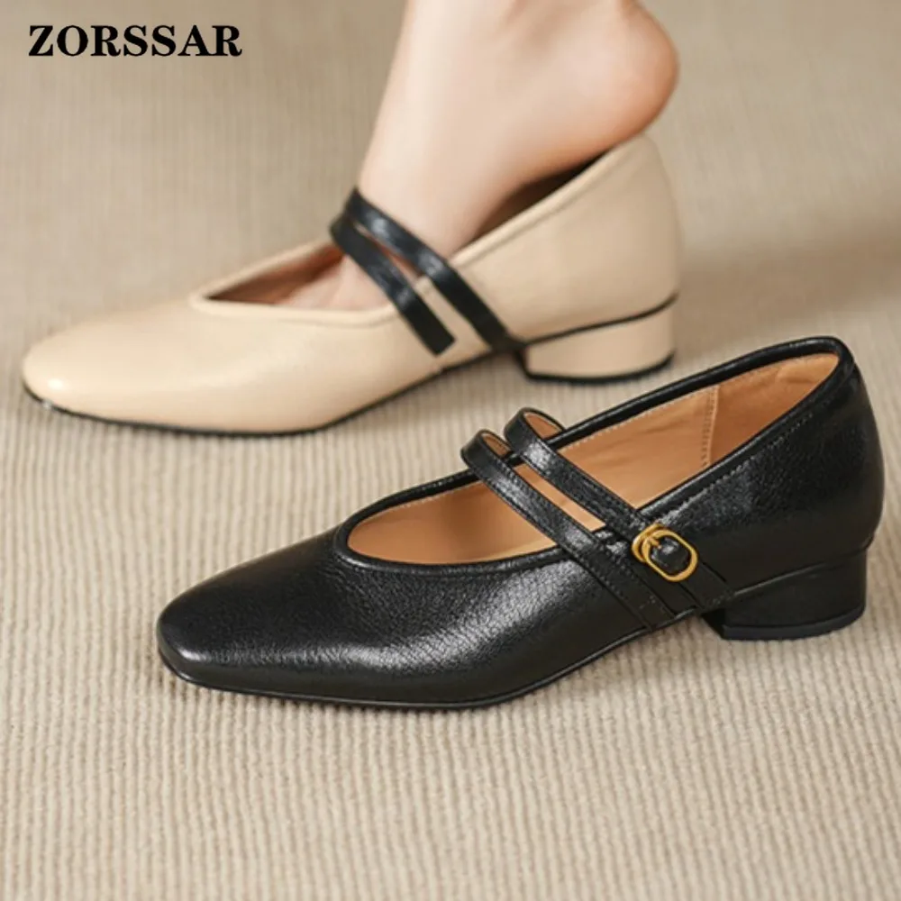 

2026 New Women's Double Strap Leather Mary Jane Pumps Square Toe Low Block Heel Gold Buckle Strap Retro Office Party Dress Shoes