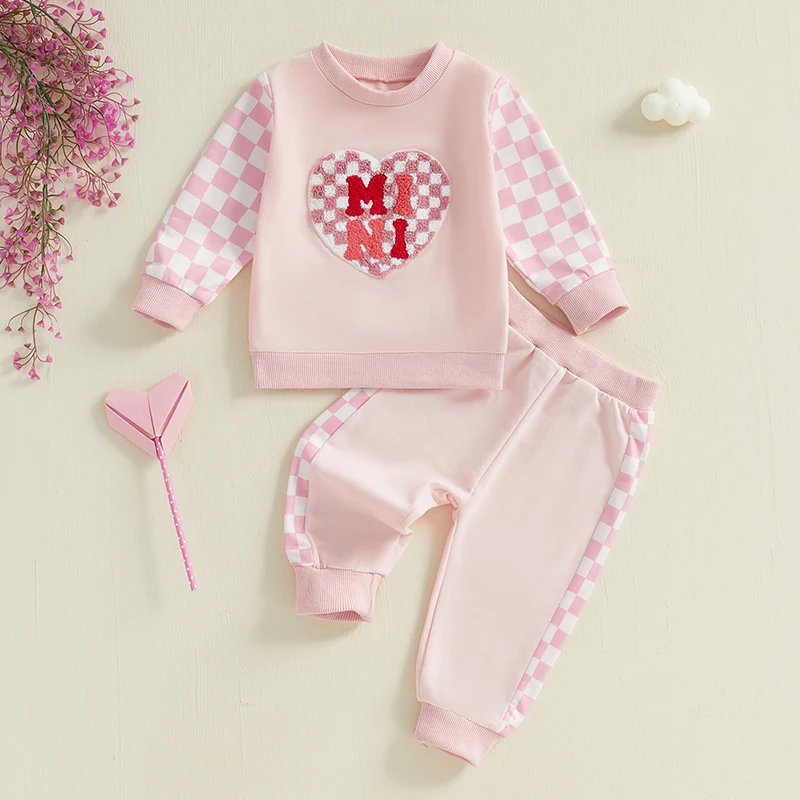 

Girls 2-Piece Valentine s Day Outfit with Long Sleeve Heart Print Top and Checkered Pants O Neck Design