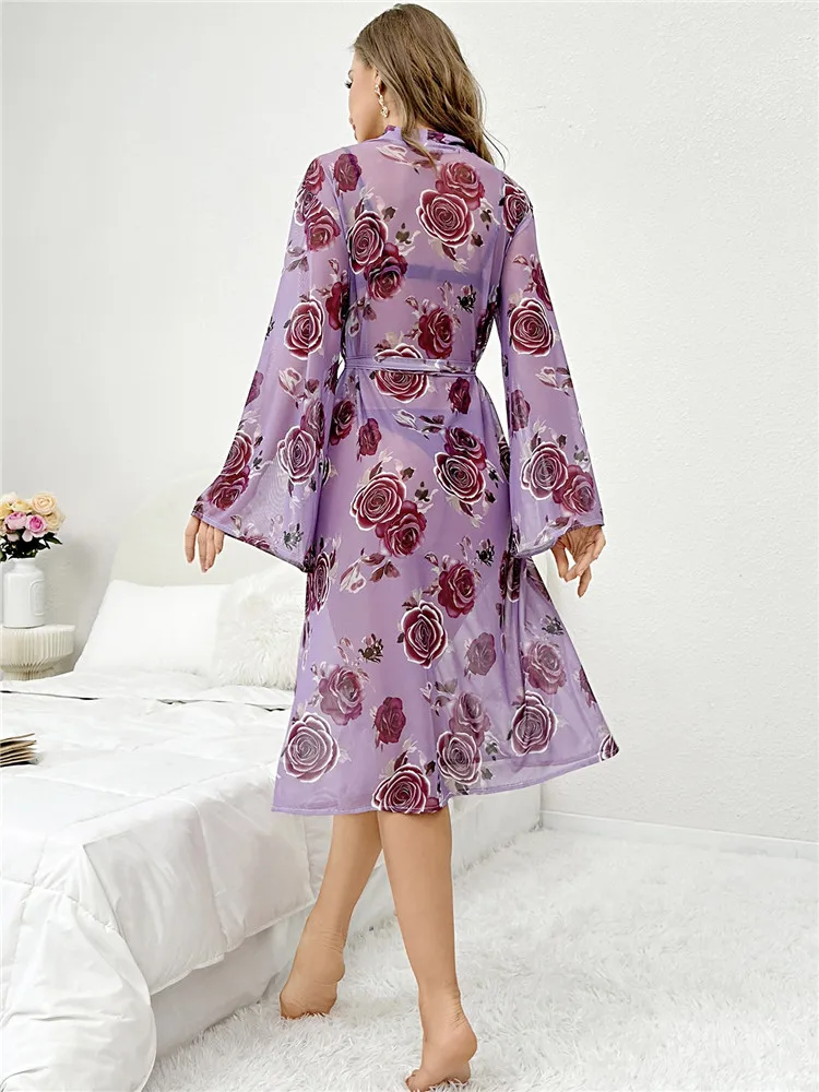 Summer Autumn Women\'s Bathrobe Print Belted Bridesmaid Robe Open Side Long Night Gown Mesh Nightie