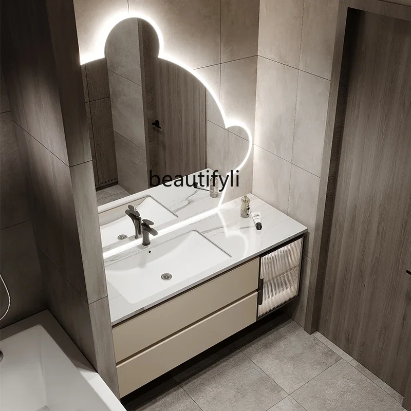 Oak Stone Plate Bathroom Cabinet Combination Modern Light Luxury Floor Bathroom Wash Face Wash Inter-Platform Basin