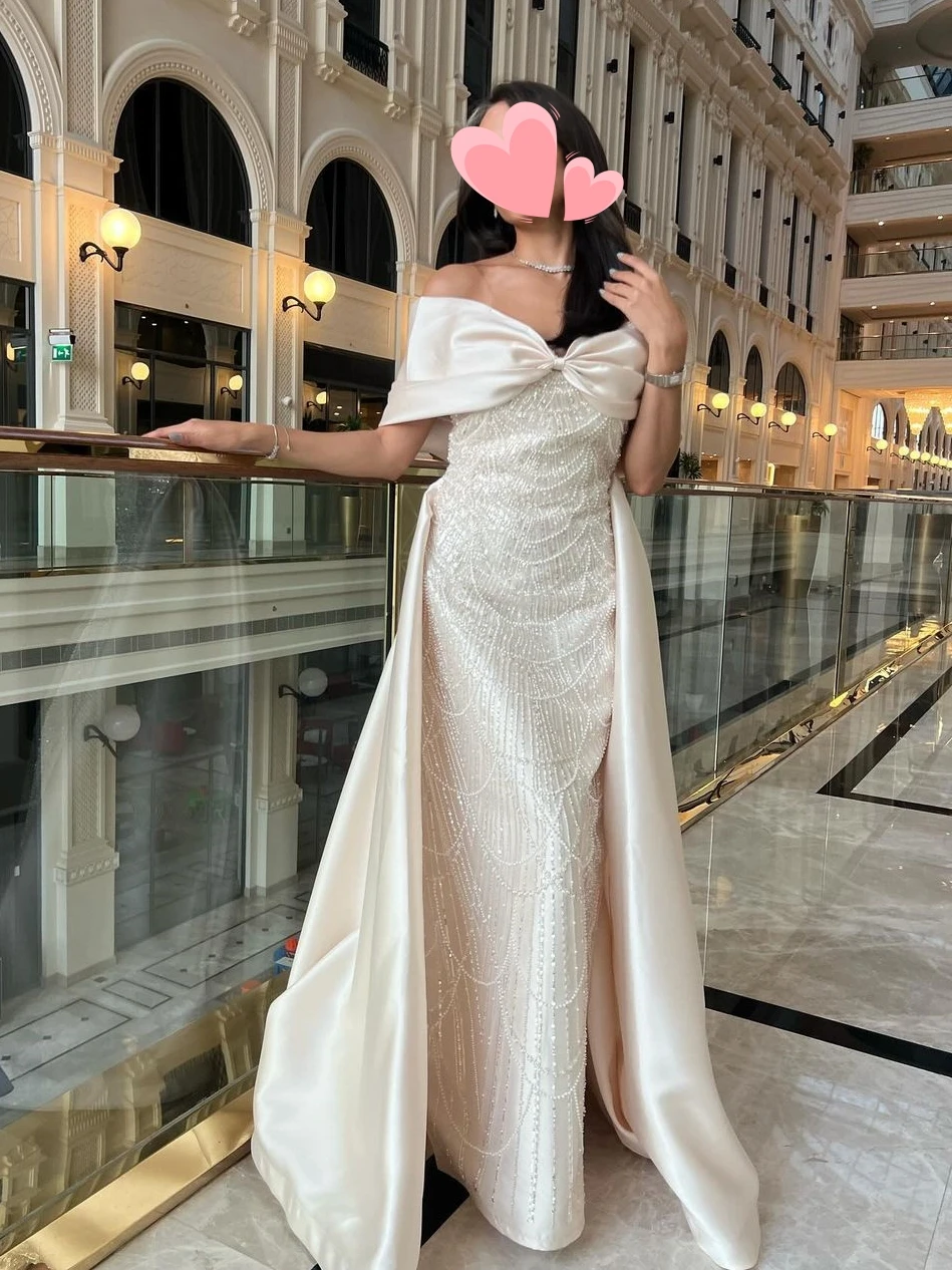 Other Shore Elegant Vintage Sweet Beige Beads Lace Bow Boat Neck Customized Formal Occasion Prom