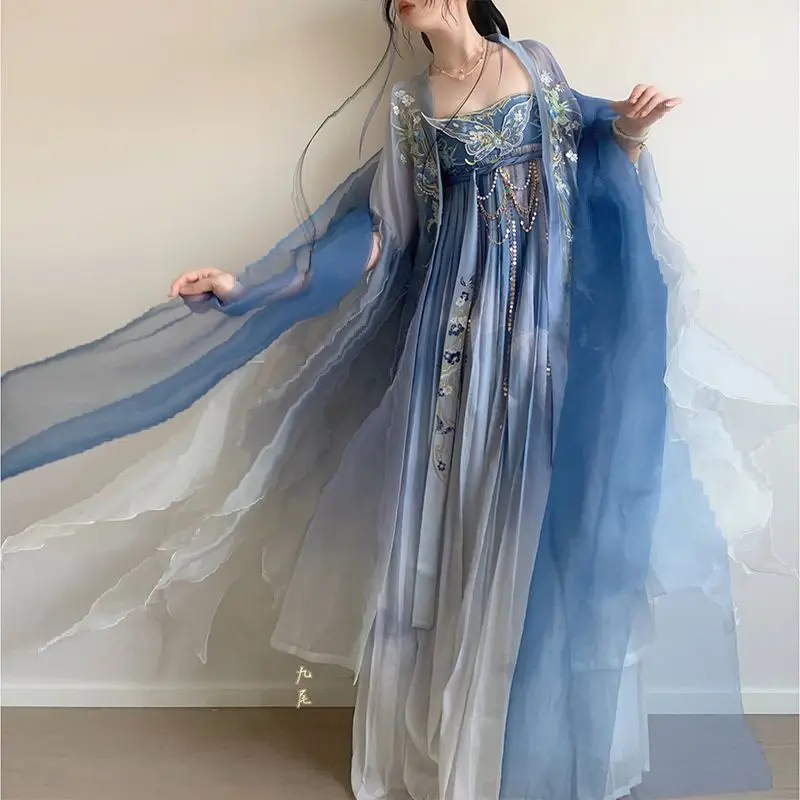 Blue Embroidered Hanfu Women's Traditional Chinese Style round Neck Robe for Girls Spring Summer Adult Performance Gown