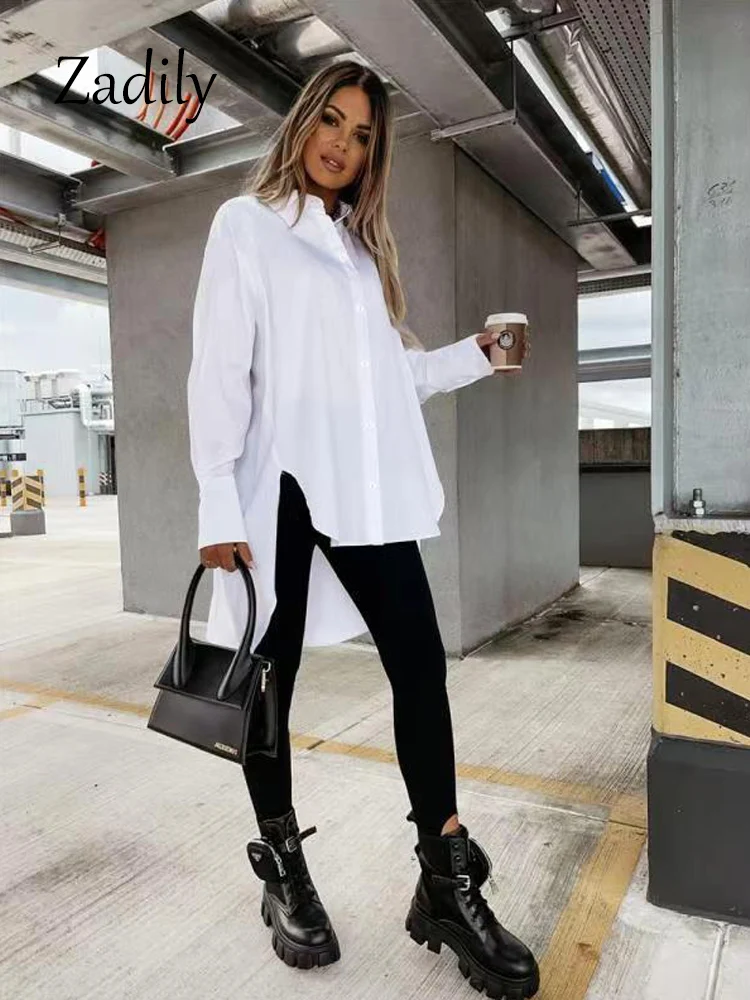 2024 Autumn Streetwear Full Sleeve Women White Long Shirt Blouse Minimalist Irregular Turn Down Collar Top Button Up Split Tunic