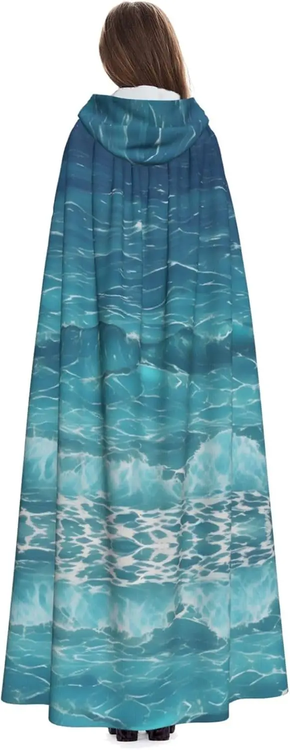 Halloween Adult Hooded Cape Cloak The Deep Blue Sea Pattern Super Large Hooded Cloak With Bow Tie