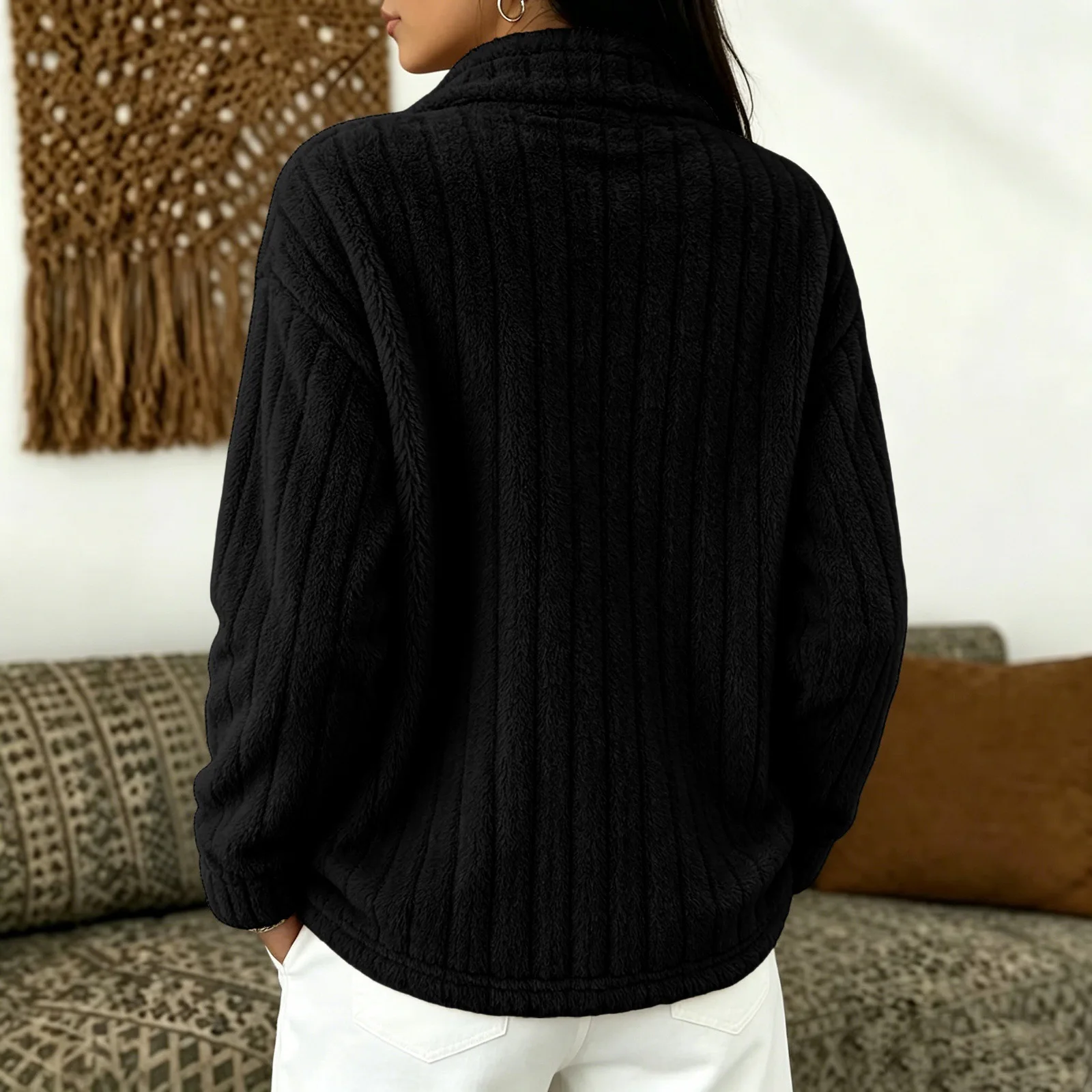 Women's Autumn Winter Turn Collar Ribbed Fleece-lined Warm Zip-up Long-sleeved Sweatshirt
