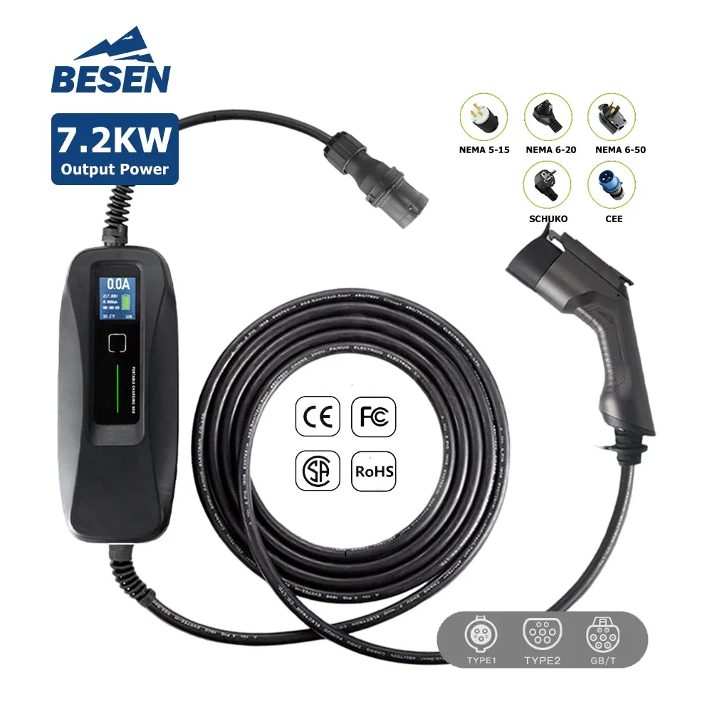 Level 2 32A Portable Electric Vehicle Charger SAE J1772 IP66 ETL Temperature Monitoring 7kW 230V EV Charger