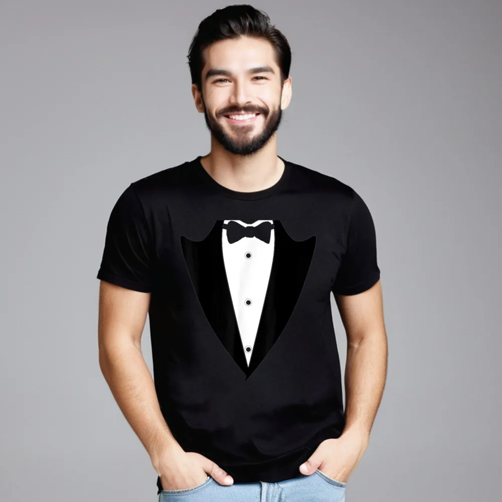 Crew Neck Funny Black Tuxedo Suit jacket Pure Cotton Male T-Shirt Graphic Short Sleeve Tees Retro Print Tshirts