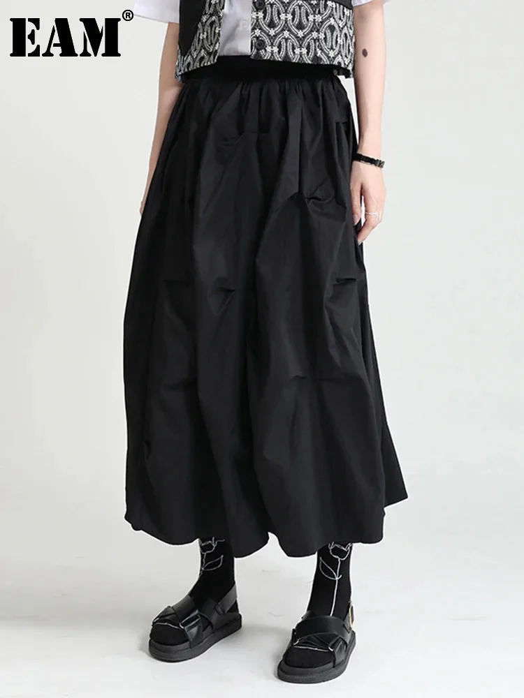 

[EAM] Black Casual Irregular Ruched High Elastic Waist Midi Half-body Skirt Women Fashion Tide New Spring Summer 2024 1DD8525