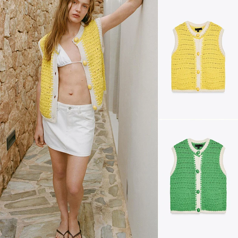 

Summer New Arrival Women's Casual Large Button round Ne Svel Knitted Vest Original Design V-ne Polyester Fiber