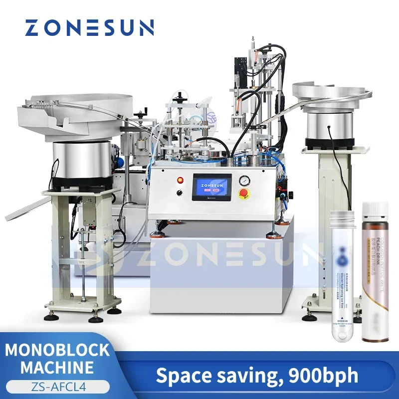 Zonesun tubo de ensaio de enchimento de frasco rotativo monobloco máquina automática de enchimento e rotulagem de garrafas ZS-AFCL4