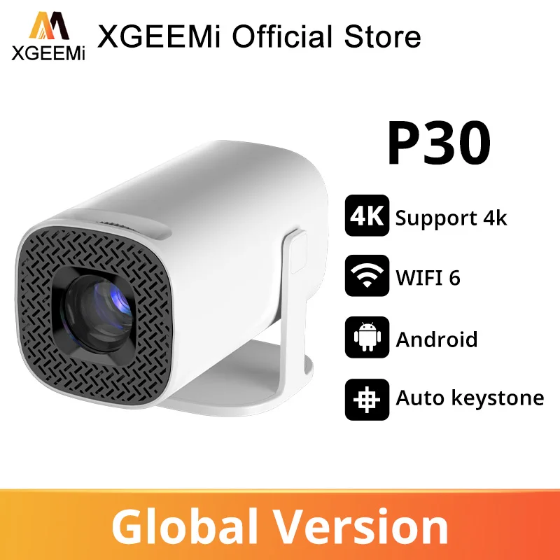 XGEEMi P30 Global Version Projector Wifi6 4K Video Android 1280*720P Outo Keystone 180ANSI Over 4000 App 180° fexible projection