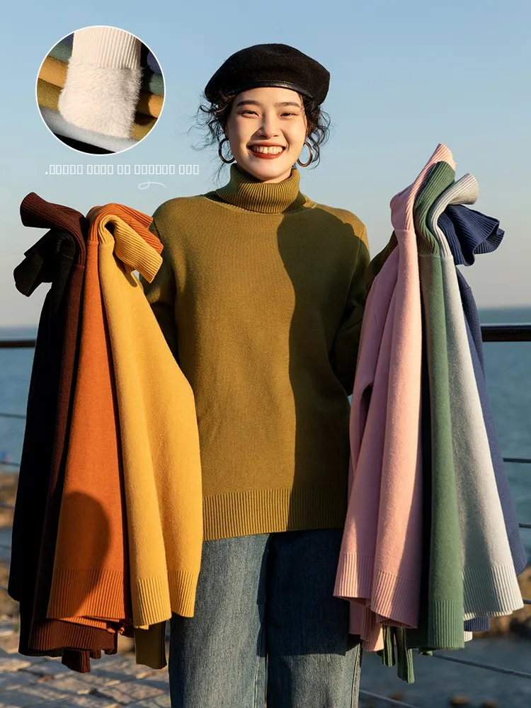 

Women's High Collar Fce Lined Knitted Sweater Thi Warm Base Layer irt Spring Winter New Arrival Beautiful Top