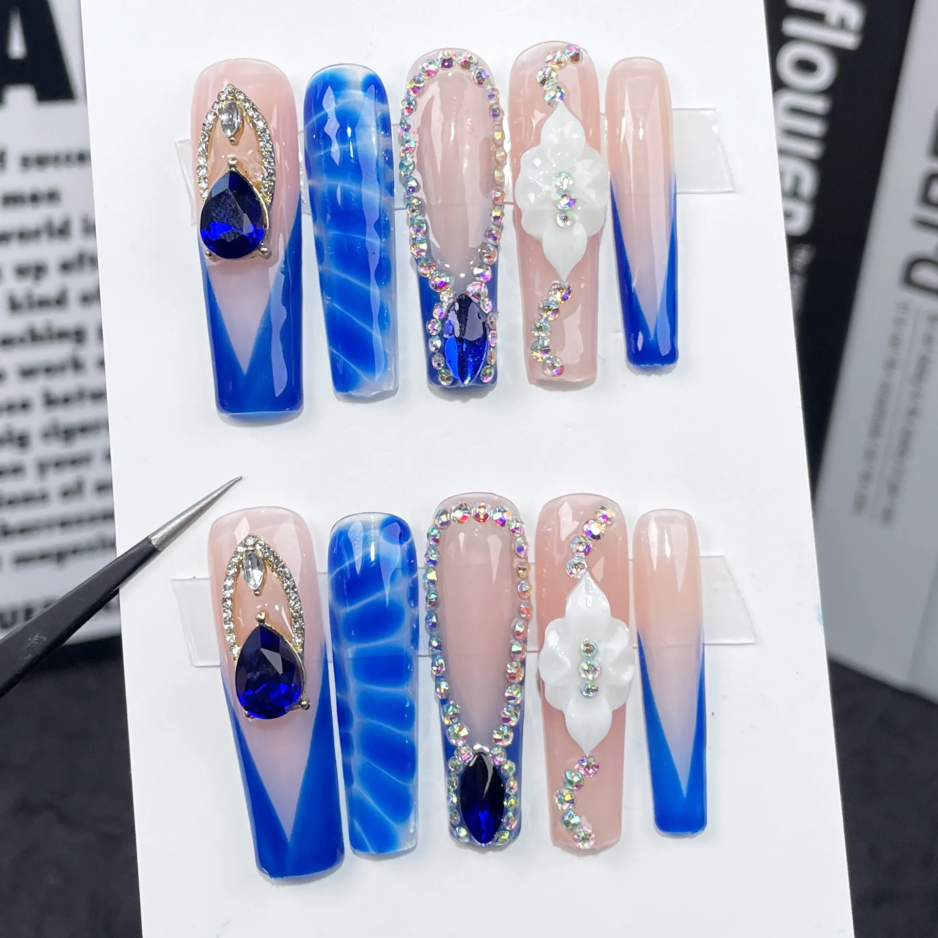 

10PCS Detachable Long square head fake nails blue flash with star heart rhinestones ballet false nails press on nails with glue