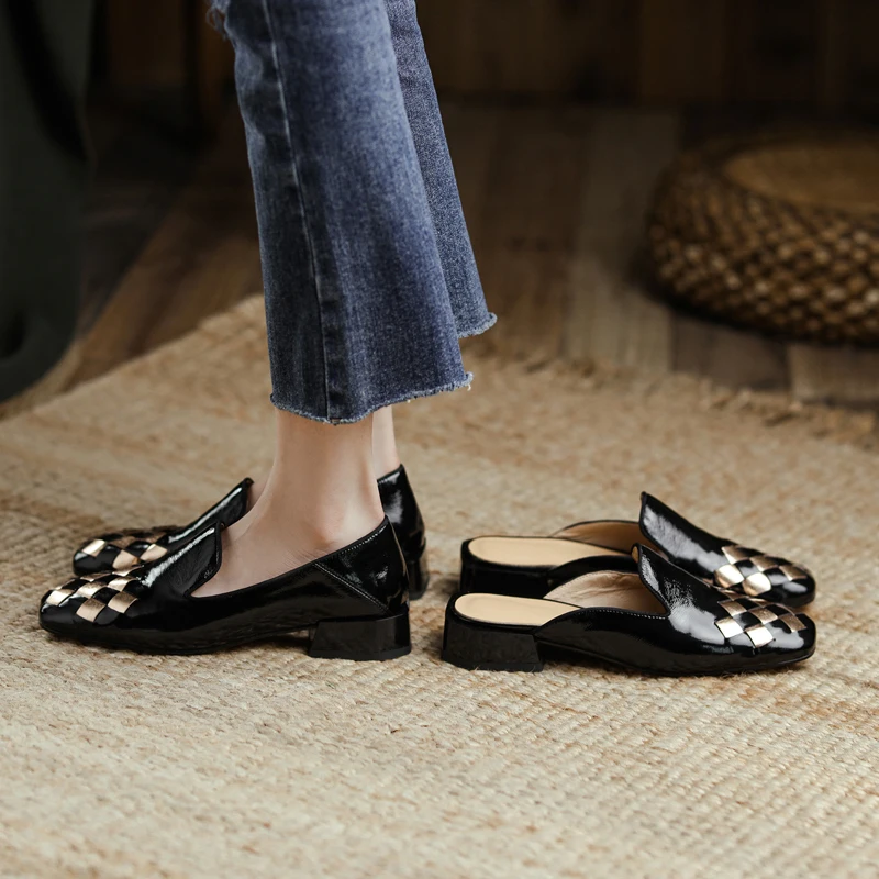 

2024 new spring women pumps natural leather shoes 22-24.5cm cowhide+sheepskin square toe Checkered loafers/slippers shoes women