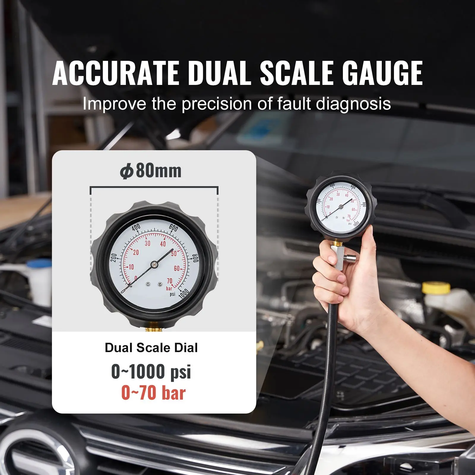 Diesel Engine Compression Tester, 18 pcs Cylinder Pressure Test Tool Kit, with 0-1000 psi Gauge and Adapters, Injector Check in